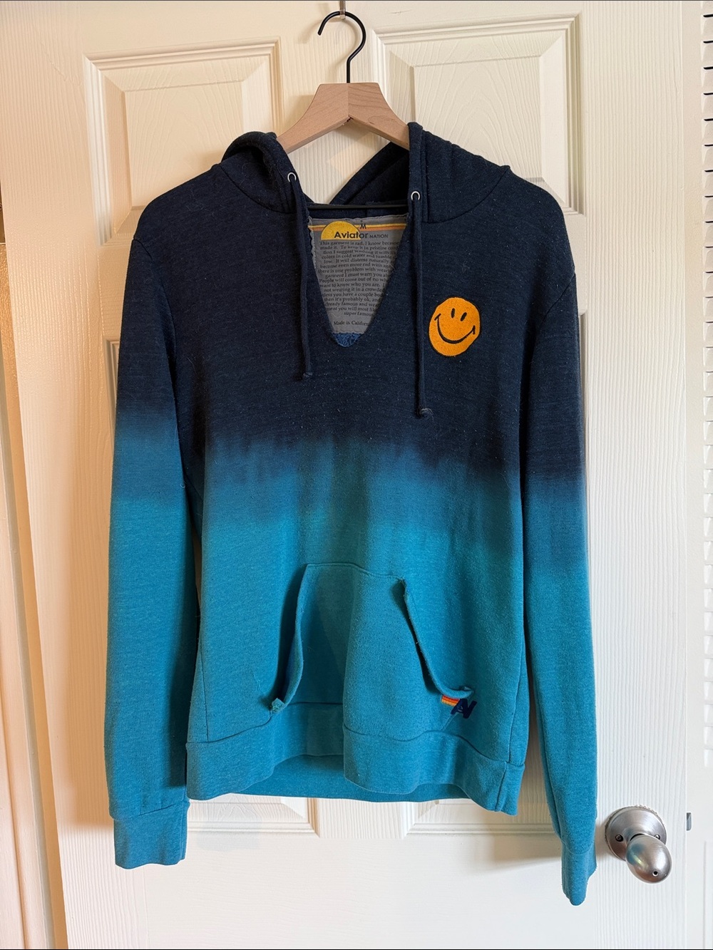 Aviator Nation Teal-to-Navy Gradient Hoodie with Yellow Smile Patch